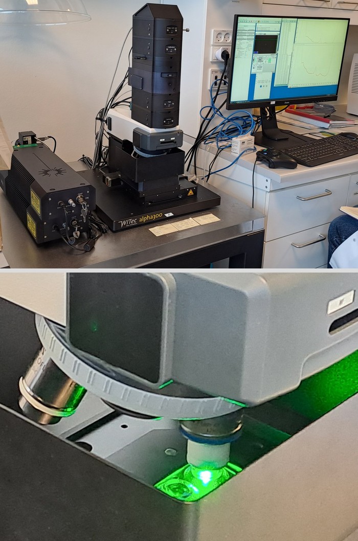 WITec alpha300 R Raman microscope: full setup and objective close-up with laser